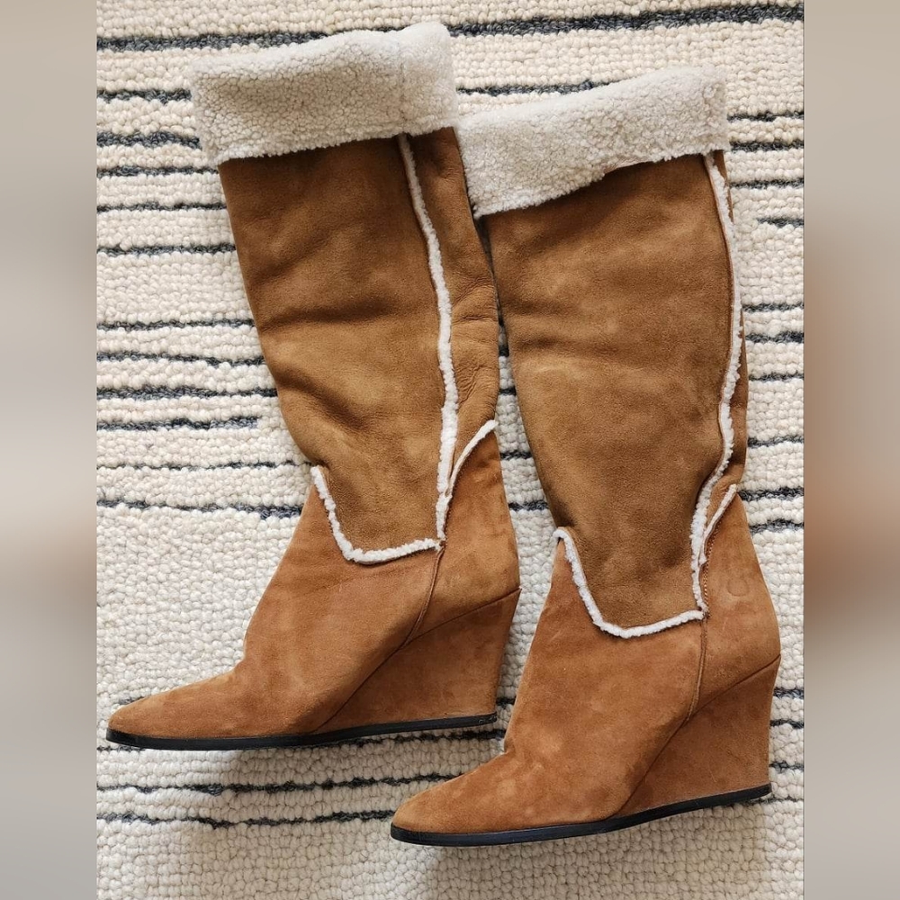 Lanvin Knee High Wedge Boots With Shearling Lining In Camel Suede Boots size 37